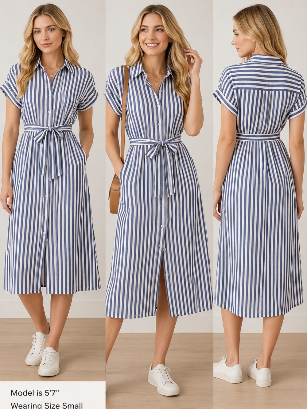 GAP Blue and White Vertical Stripe Tie-Waist button down Midi Dress. S